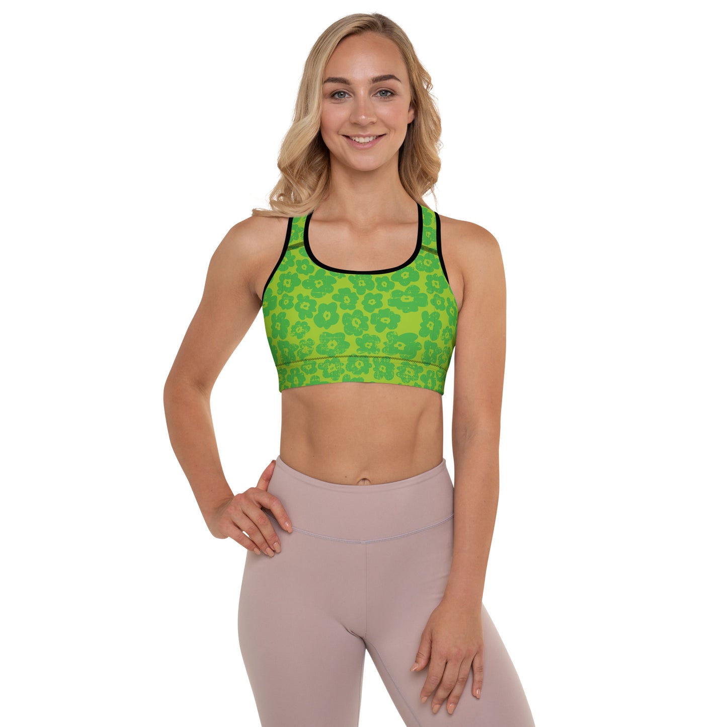 Green Flower Padded Sports Bra